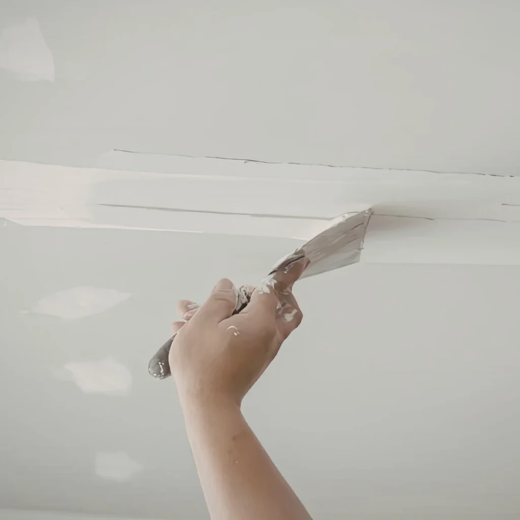 Gloved hands applying joint compound to repair damaged drywall
