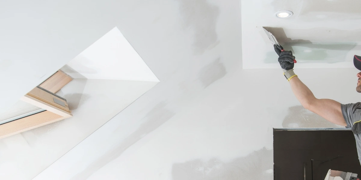 Contractor applying joint compound to drywall ceiling seams