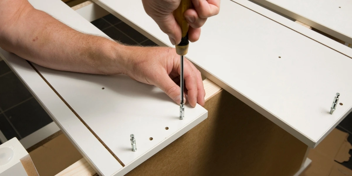 Handyman assembling flat-pack furniture with a screwdriver
