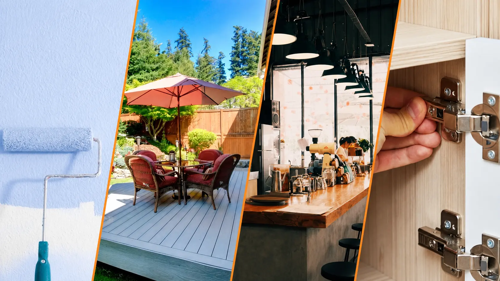 Collage showing painting, deck, commercial renovation and cabinet installation services