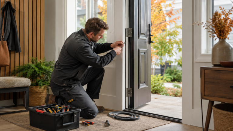 Handyman adjusting a front door while preparing a home for winter