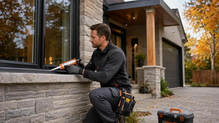 Handyman sealing an exterior window during fall home maintenance