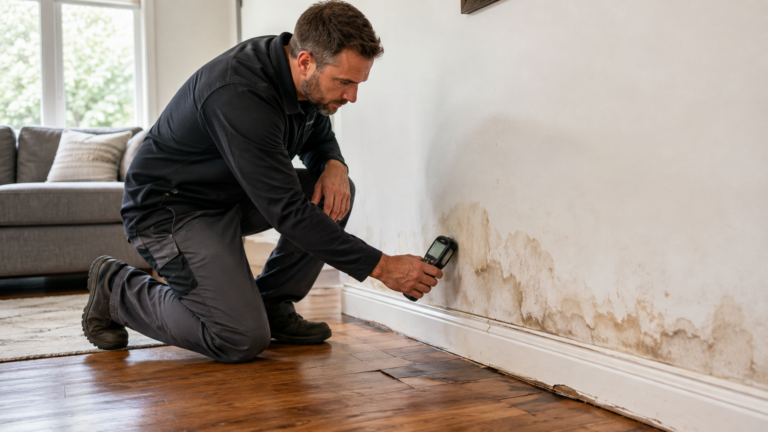 Handyman using a moisture meter to inspect water-damaged drywall, baseboard and flooring